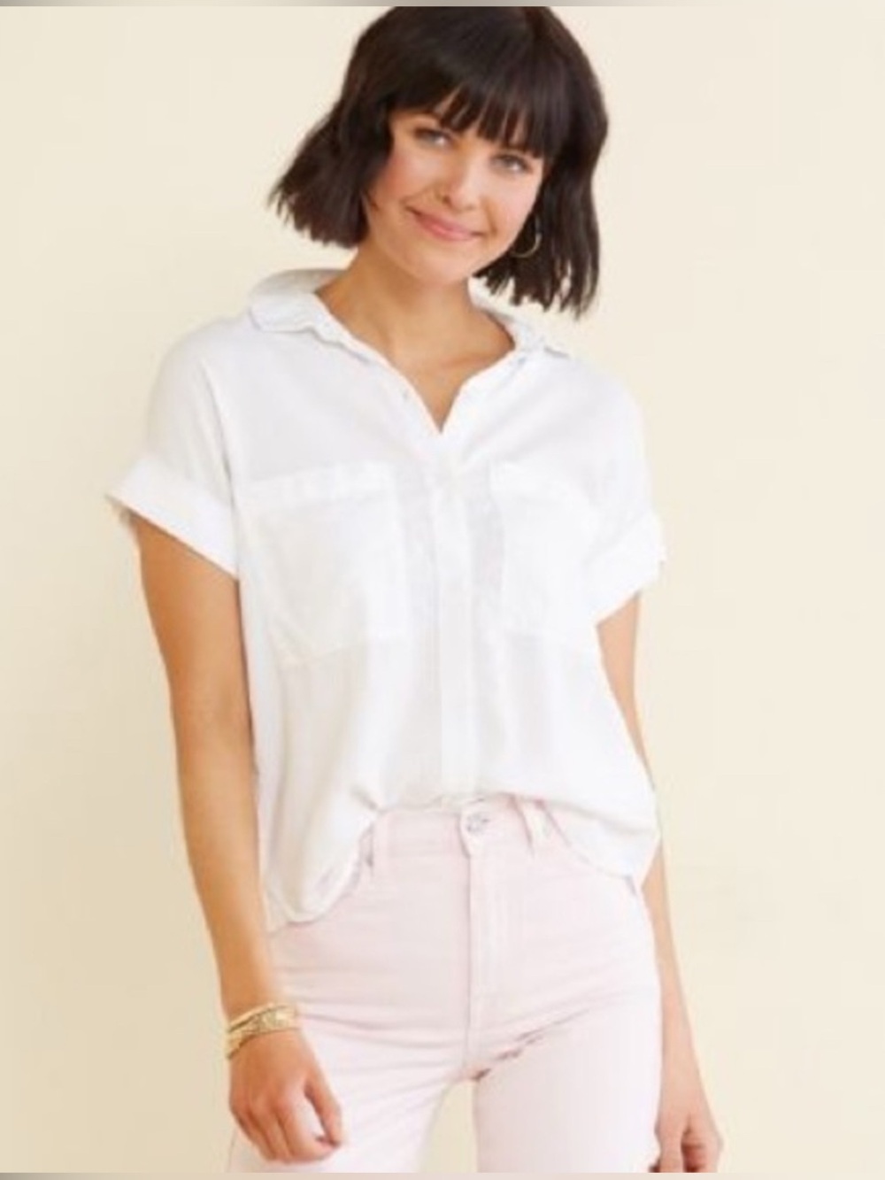 Cloth & Stone White Relaxed Short-Sleeve Button-Down 100% Tencel Top - Picture 6 of 9